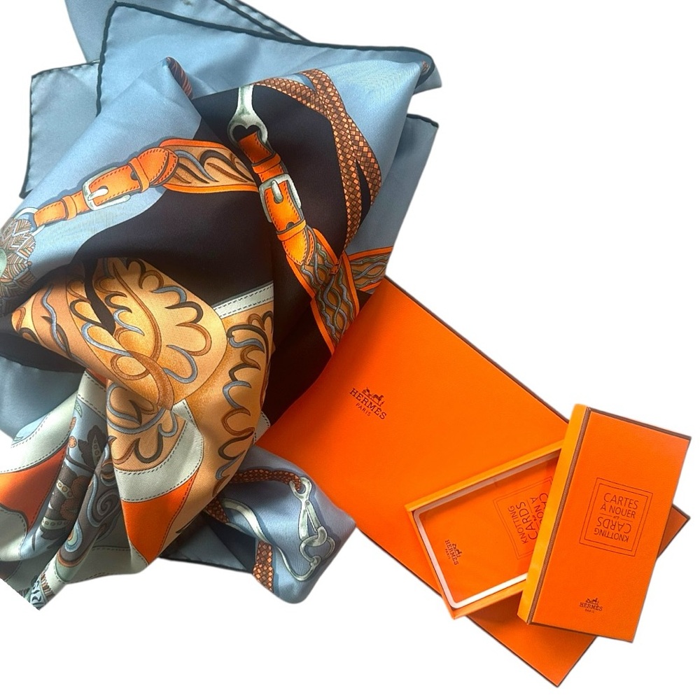 Hermès Festival des Amazones Silk Scarf 90 Blue Orange w/ Box & Knotting Cards - Picture 14 of 16